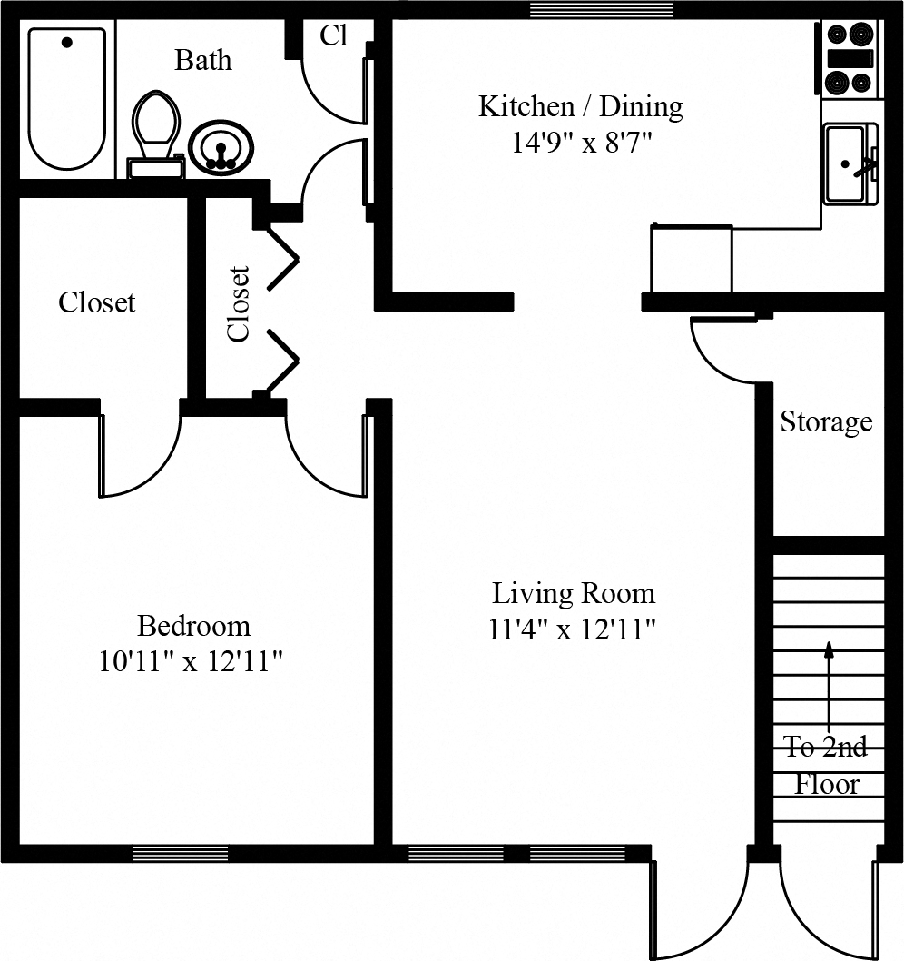 Floor plan for 1 bed, 1 bath, 665 sqft